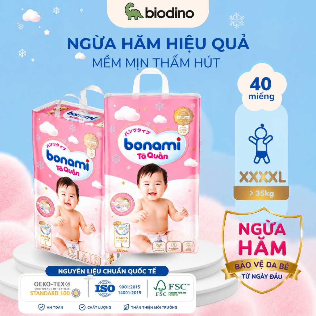Tã/Bỉm quần Bonami size dưới 35kg-Chính hãngAn toàn-Siêu thấm hút,ngừa hăm,đạt chuẩn GMP-WHO|Biodino
