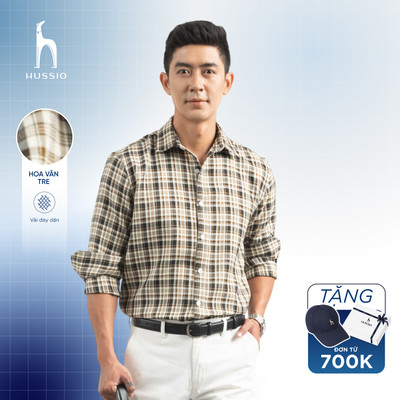 Áo sơ mi nam tay dài GREY sọc caro cổ điển, vải hoa văn tre dày dặn, chống nhăn, đứng form - HUSSIO