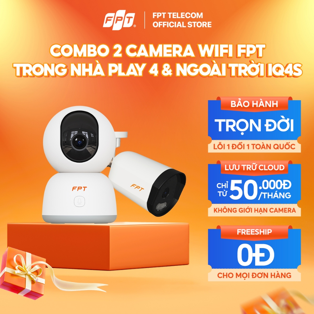 Combo 2 Camera Wifi FPT Trong Nhà Play 4 & Ngoài Trời IQ4S Toàn Diện - Lưu Cloud Bảo Mật, Cảnh báo T