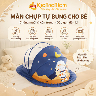 Màn chụp cho bé, mùng chụp tự bung KidAndMom chống muỗi gấp gọn hoạ tiết hoạt hình dễ thương dùng cho giường nôi cũi