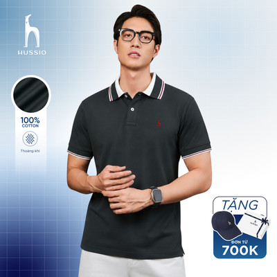 Áo Polo nam cao cấp NERO logo thêu, vải cotton thoáng mát, phối viền cổ sang trọng - HUSSIO