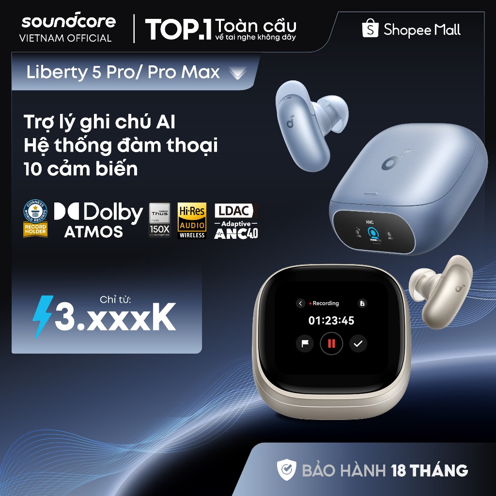 [MỚI RA MẮT] Tai nghe không dây Soundcore Liberty 5 Pro / Pro Max | Trợ lý ghi chú AI | Hệ thống đàm thoại 10 cảm biến