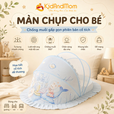 Màn chụp gấp gọn chống muỗi Hoạ tiết cổ tích KidAndMom, Màn chụp gấp gọn cao cấp KT 110*60*65 cm