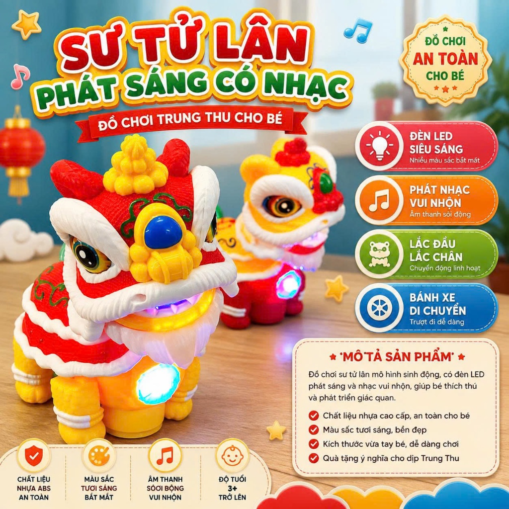 [ Combo Deal Hot ] Đèn Lồng Trung Thu Hình Con Lân Ngậm Ngọc, Có Nhạc, Bánh Xe Di Chuyển, Đồ Chơi Rước Đèn Cho Bé