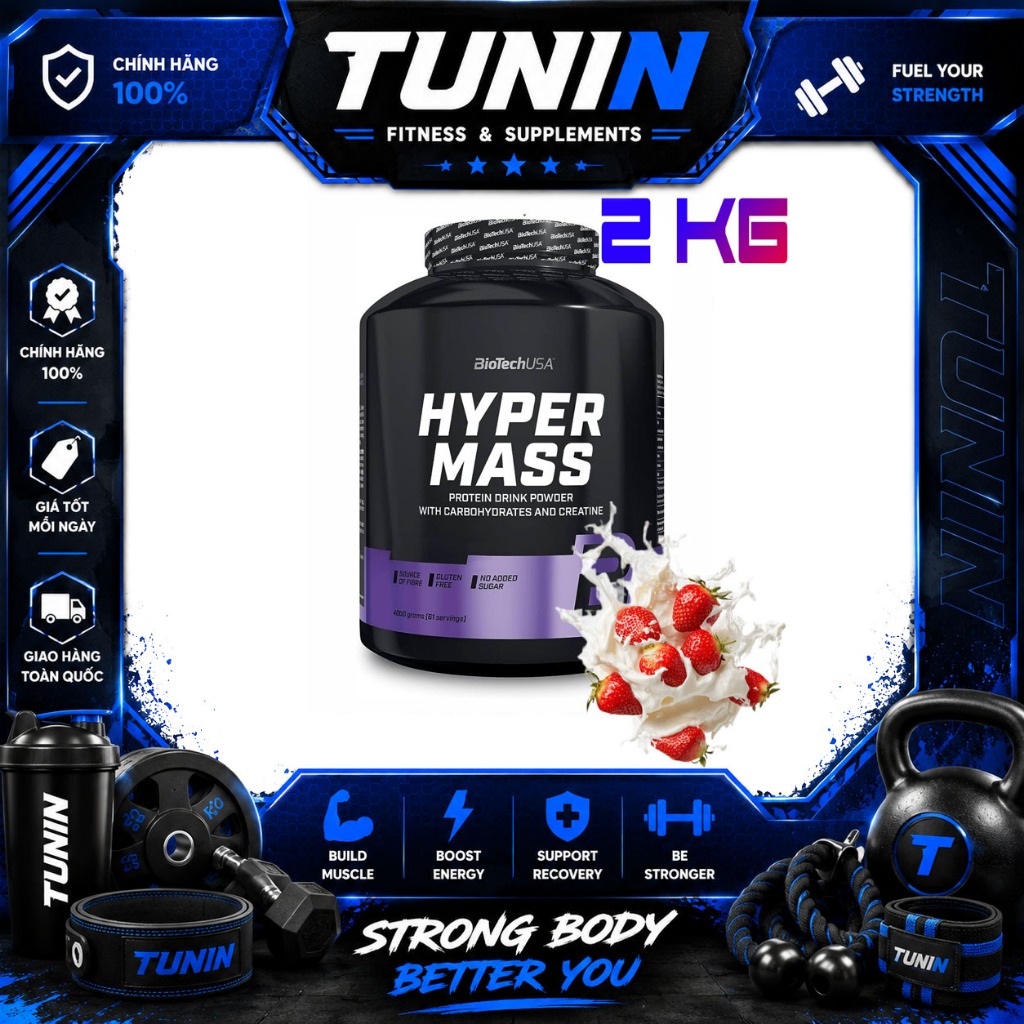 Hyper Mass BioTechUSA 2kg (Dâu) – Sữa Tăng Cân Tăng Cơ, Hỗ Trợ Phục Hồi Sau Tập