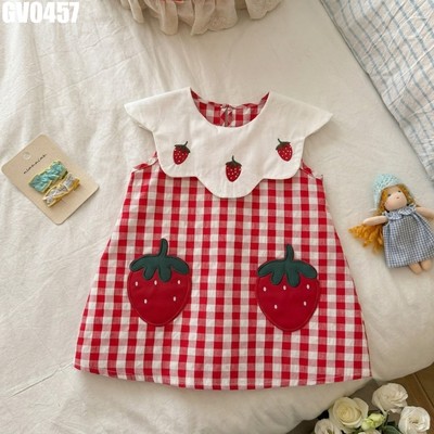 Váy Bí Caro Dưa Hấu Cổ Sen Túi cho bé gái kẻ caro đỏ trắng chất cotton mùa hè MINTSCLOSET GV0455