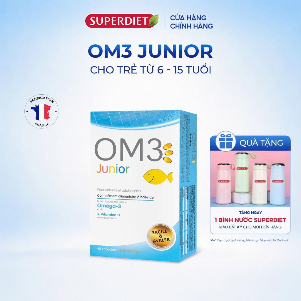Viên dầu cá OM3 Junior SuperDiet Omega-3 DHA EPA Vitamin D cho trẻ 6-15 tuổi 45 viên hương cam dễ uố