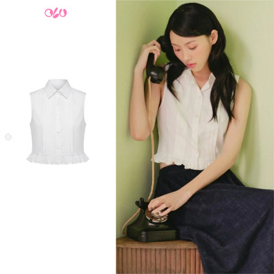 Áo sơ mi OLV không tay basic White Cotton Bow Tie Ruched Sleeveless Top dễ phối phù hợp mọi dịp
