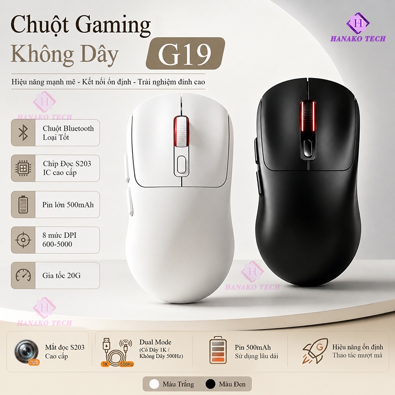 Chuột Không Dây Gaming Sử Dụng Cảm Biển S203 IC Độ Nhạy Lên Tới 5000DPI 3 Chế Độ Kết Nối - G19