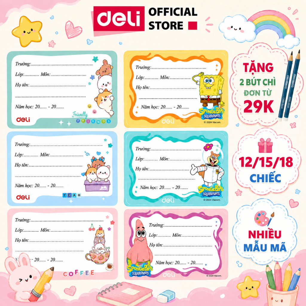 [MUA 3 GIẢM 30%] Nhãn Vở Học Sinh Deli Giấy Nhãn Vở Cute Đa Dạng Mẫu Mã - Tệp 12/15/18 Chiếc