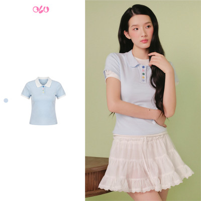 Áo OLV thun Blue Cotton Short Sleeves Collar Top phù hợp đi chơi đi làm