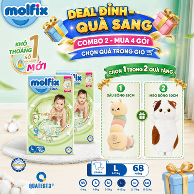 [Mua 4 Gói_CHỌN QUÀ TRONG GIỎ] Combo 2 Tã/bỉm dán MOLFIX Thiên nhiên Super Jumbo L - 68 miếng/gói (9kg - 13kg)