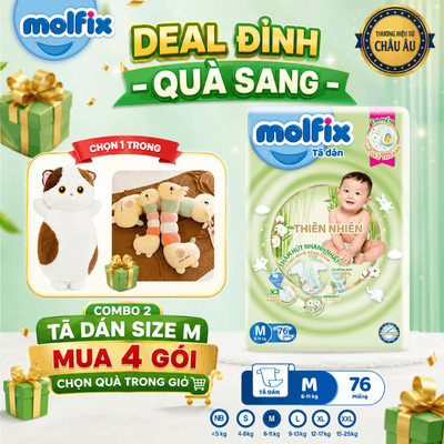[Mua 4 gói_CHỌN QUÀ TRONG GIỎ] Combo 2 Tã/bỉm dán Molfix Thiên nhiên Super Jumbo M - 76 miếng/gói (6kg - 11kg)