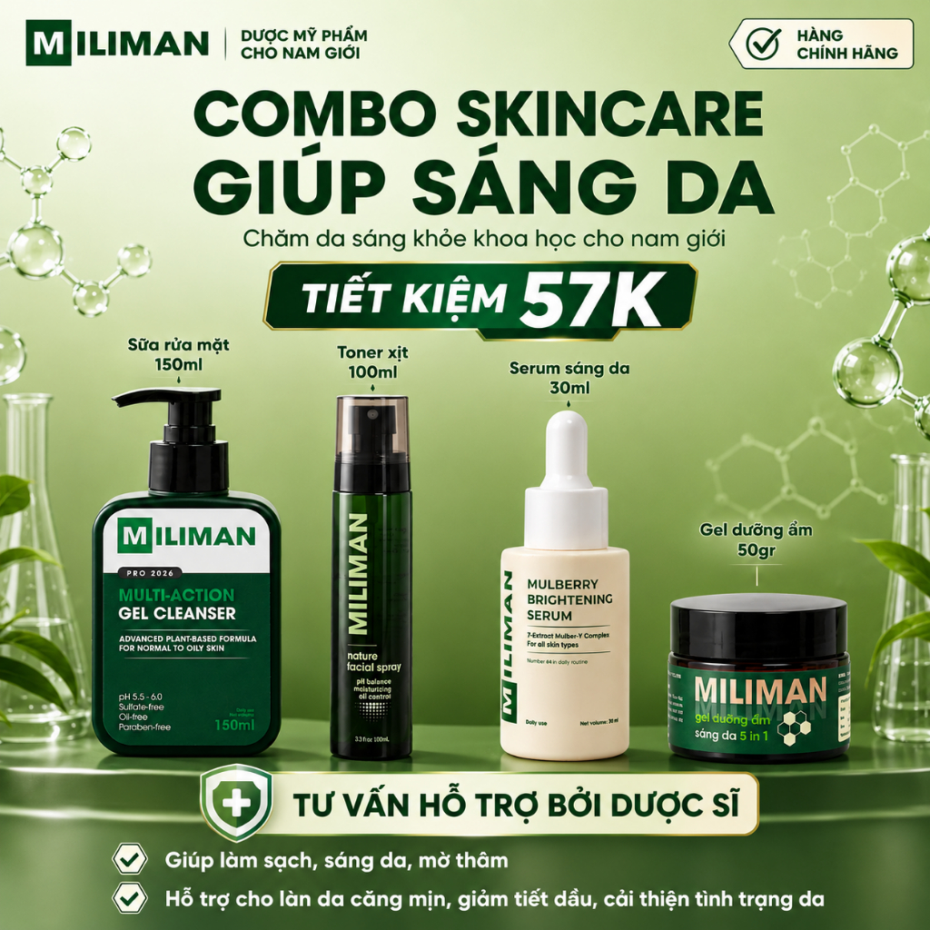 Bộ Skincare Nam Giúp Sáng Da Mờ Thâm Gồm Sữa Rửa Mặt Nam MILIMAN, Toner, Serum Sáng Da, Gel Dưỡng Ẩm