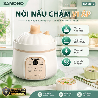 (MỚI) Nồi Nấu Chậm SAMONO 1L2 Nấu Cháo Chậm Đa Năng Công Nghệ Vi Áp Tiên Tiến Kho Hầm Ninh SW-SC12