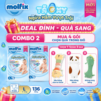 [Mua 4 gói_CHỌN QUÀ TRONG GIỎ] Combo 2 Tã/bỉm DÁN Molfix Oxy Super Jumbo giúp Ngừa Hăm Tã đủ các size S,M,L