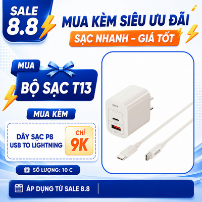Bộ sạc nhanh Rockspace T13 PD 20W 2 Cổng USB-C + USB-A  Sạc nhanh hỗ trợ sạc đồng thời