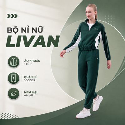 Bộ Nỉ Thể Thao Nữ Livan LV25W04F522 – Set Áo & Quần Jogger 1 Lớp Mềm Mại, Ấm Áp