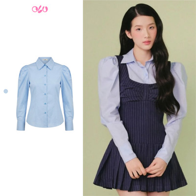 Áo sơ mi OLV tay phồng thanh lịch Blue Cotton Buttoned Shirt phù hợp mọi dịp (Không kèm đầm)