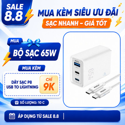 Củ sạc nhanh cho điện thoại GaN PD 65W Rockspace kèm cáp USB-C 100W  sạc 3 thiết bị bảo hành 1 năm