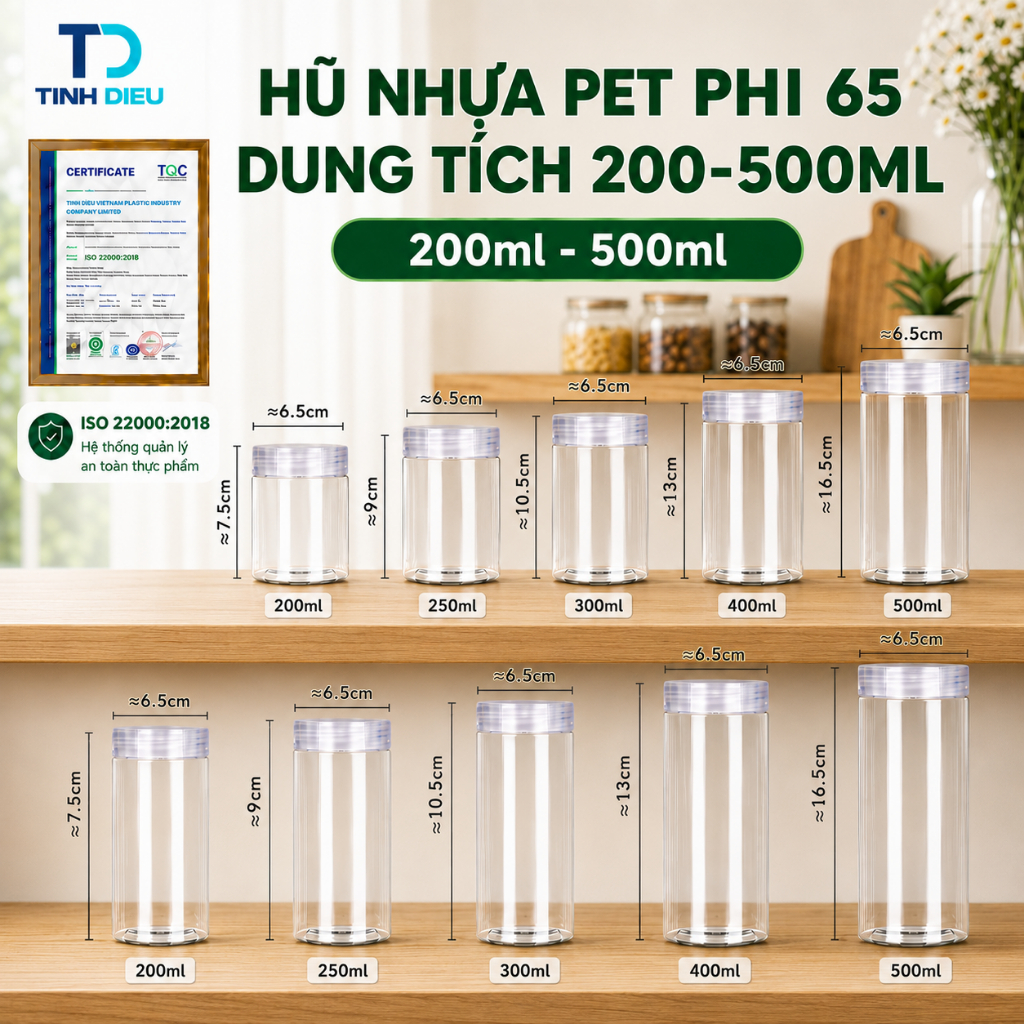 COMBO 5 HŨ NHỰA PET PHI 65 DUNG TÍCH 200-500ML - HŨ ĐỰNG HẠT, MẬT ONG, MỨT, TRÁI CÂY SẤY, THỰC PHẨM