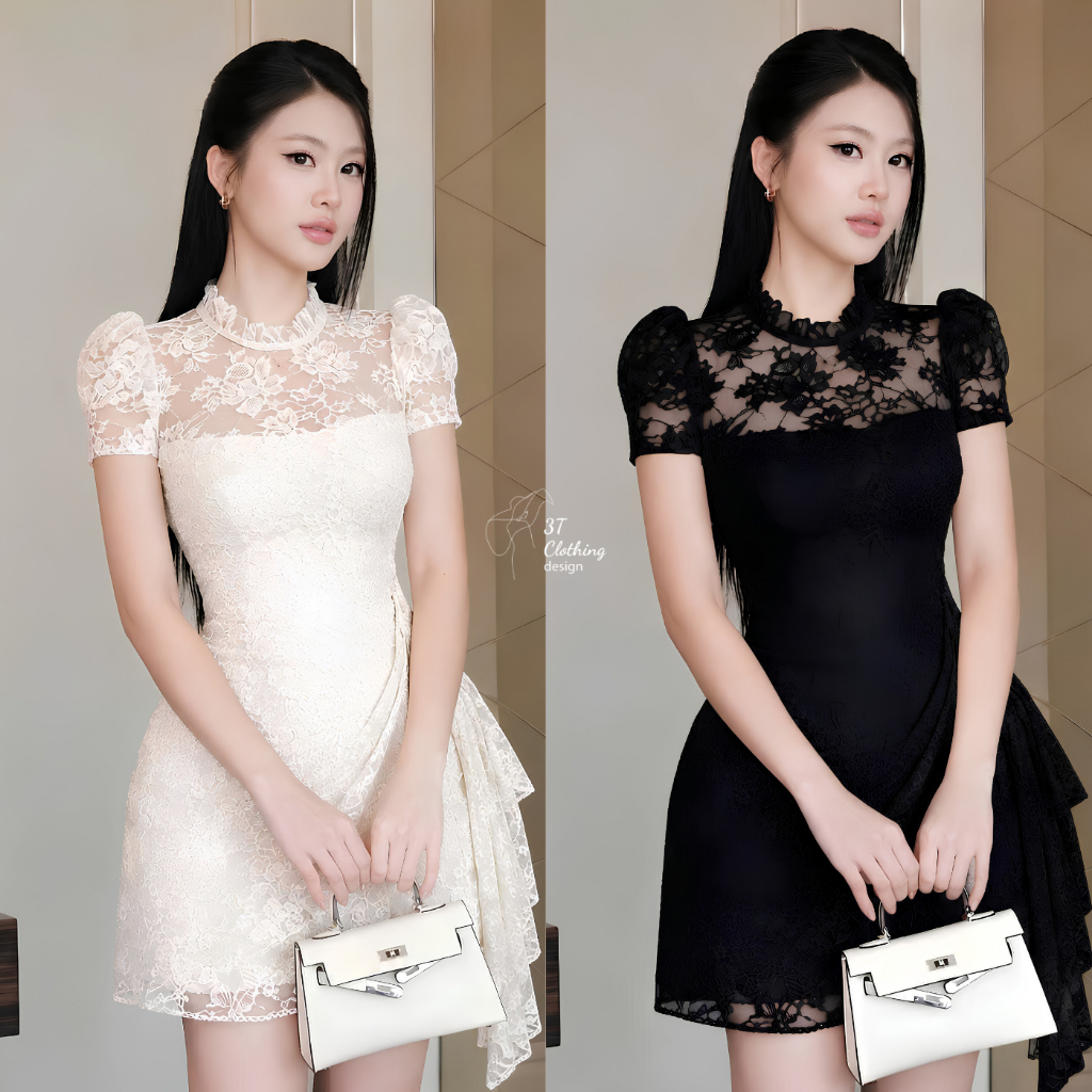 [3T CLOTHING] Đầm Nữ Ren Thêu Hoa Cổ Cao Tay Phồng, Lót Lụa 2 Lớp Ôm Dáng Kèm Quần Bảo Hộ BigSize 40