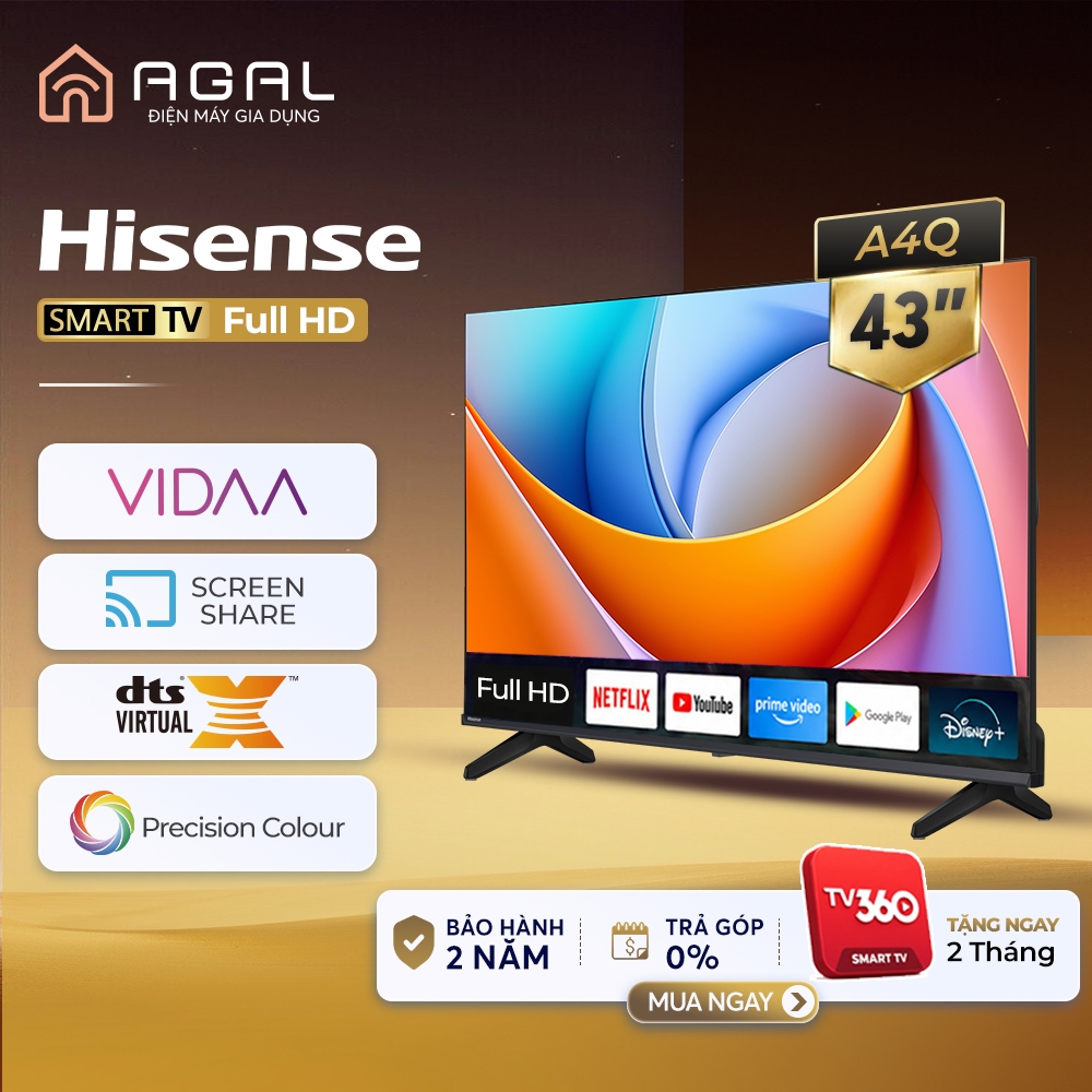 Smart Tivi Hisense 43 inch Full HD 43A4Q, Trả Góp 0%, Giao Hàng Toàn Quốc, Bảo Hành 24 Tháng