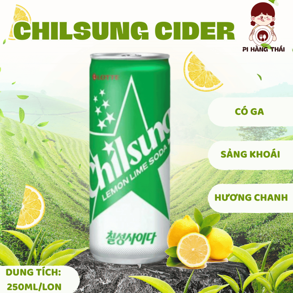 nước giải khát có gas chilsung cider 250ml Hàn Quốc - Lotte thương hiệu nhập khẩu