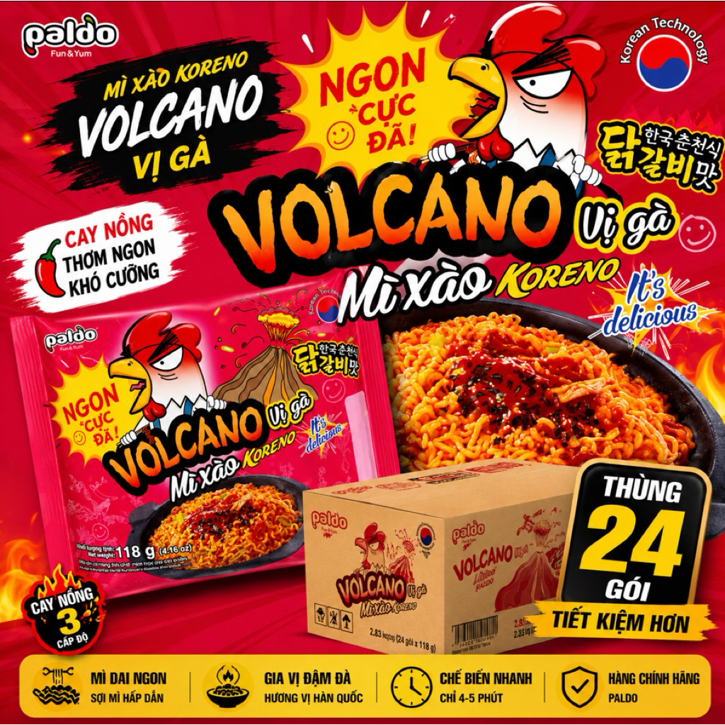Mì Xào Koreno VOLCANO Vị Gà 118g |  Mì Xào Hàn Quốc Cay Thơm Đậm Vị