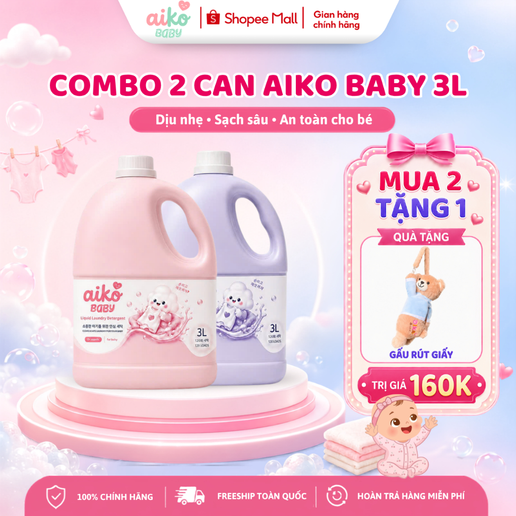 Combo 2 Can Nước Giặt Xả Aiko Baby Can 3 Lít Hồng Xanh Tím Dịu Nhẹ Cho Da Bé Nhạy Cảm và Gia Đình