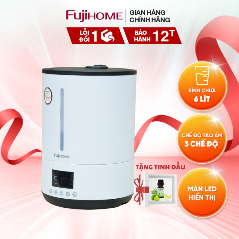Máy Phun Sương Tạo Ẩm Fujihome HM06E 6L - Khay Xông Tinh Dầu, Màn Hình LED Cảm Ứng