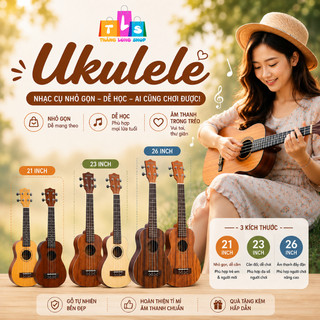 Đàn Ukulele Soprano 21 Concert 23 Tenor 26 Inch Gỗ Tự Nhiên Tặng Pick Sách HD Cho Người Mới