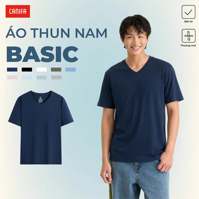 Áo thun nam TShirt Basic Cotton cổ tim dày dặn mềm mại CANIFA 8TS25A001