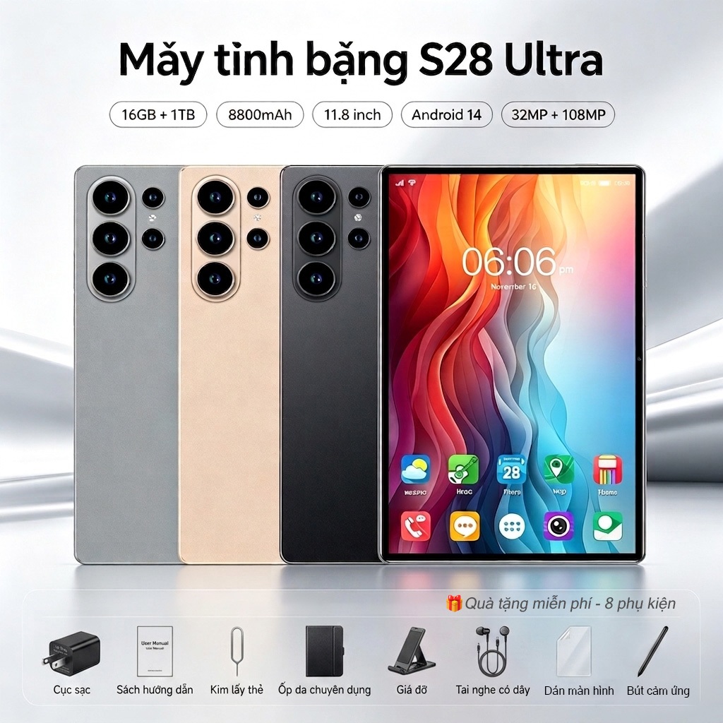 SIMTCHE S28Ultra Máy tính bảng,11.8 InchRam 16GB ROM 1TB Pin Lớn 8800mAh Màn Hình Lớn Kèm Phụ Kiện B