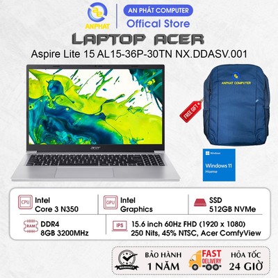 Laptop Acer Aspire Lite 15 AL15-36P-30TN NX.DDASV.001, Core 3 N350, 8GB RAM, 512GB SSD, 15.6 FHD 60Hz, Win11