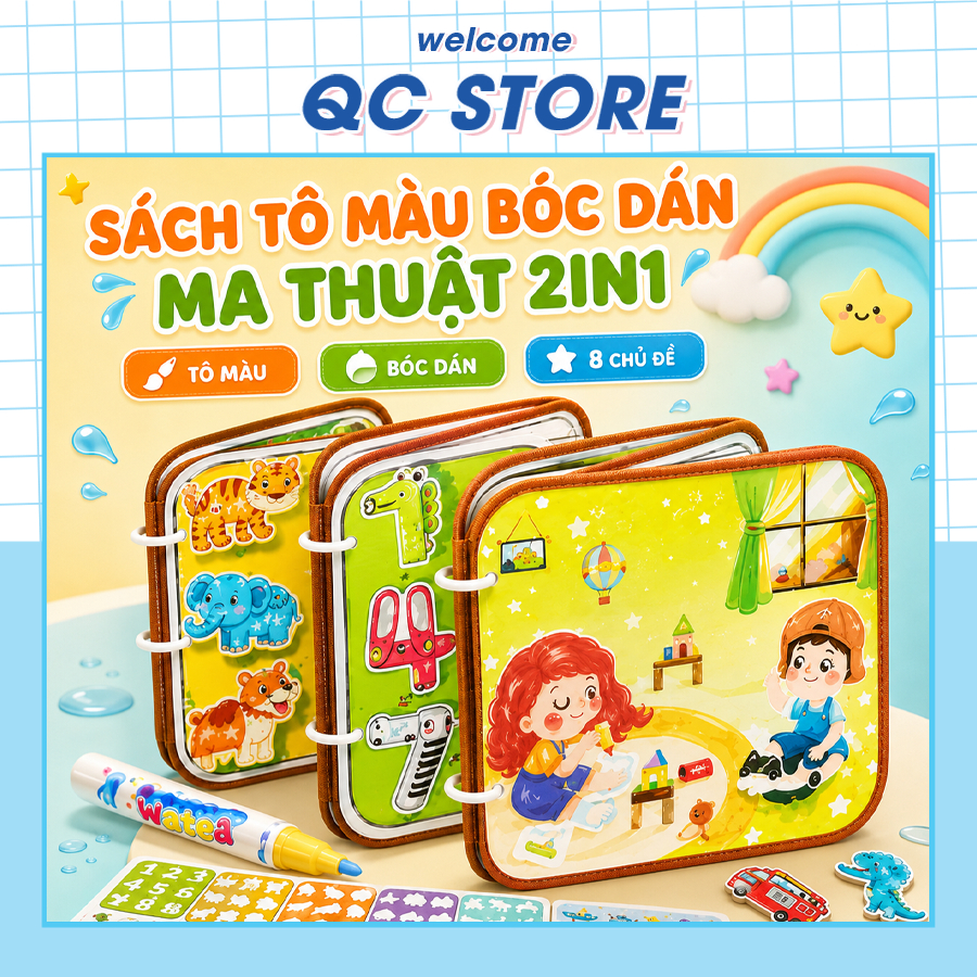 Sách tô màu nước ma thuật cho bé kèm bóc dán  2 Trong 1 đồ chơi giáo dục tư duy baby busy QC Store