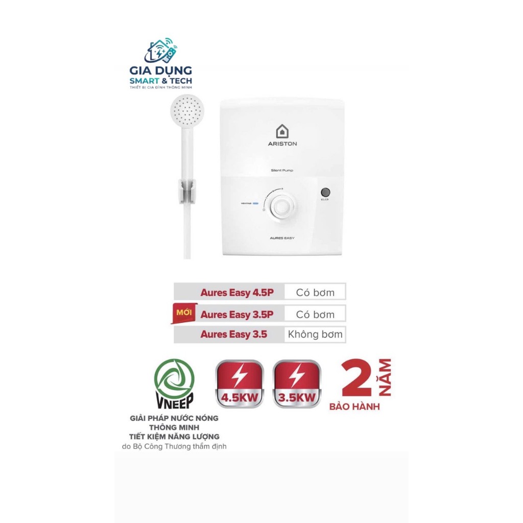 Máy nước nóng Ariston Aures Easy 3.5 (Không bơm)/Aures Easy 4.5P (Có bơm)