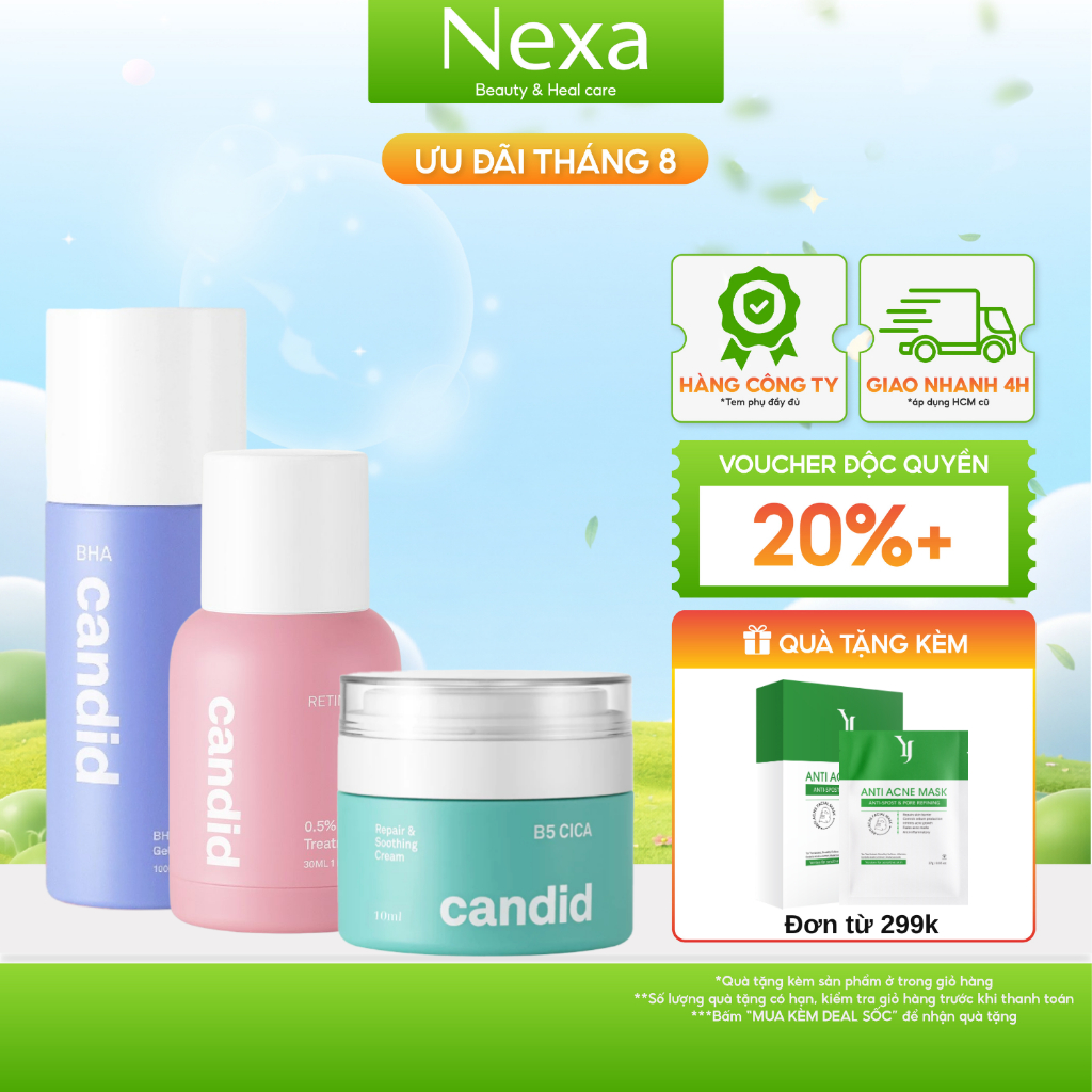 Bộ Ba Hỗ Trợ Cải Thiện Và Phục Hồi Da Candid Retinol 0.5% 30ml & Kem Dưỡng B5 Cica 50ml & BHA 100ml