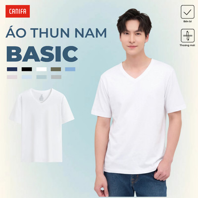 Áo phông nam cổ tim CANIFA áo thun trơn basic cotton USA dáng rộng 8TS26A001
