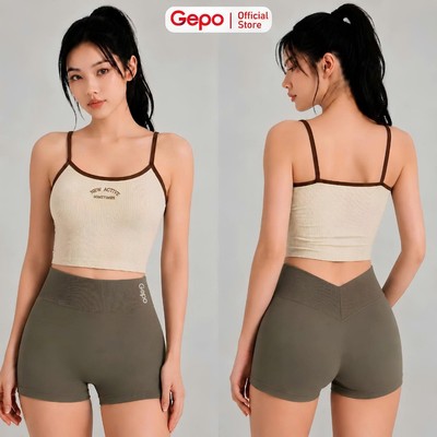 GEPO Set Đồ Tập Gym Nữ Áo Bra Hai Dây Có Mút Kèm Quần Short Cạp Chữ V Co Giãn 4 Chiều Thoáng Khí GP318