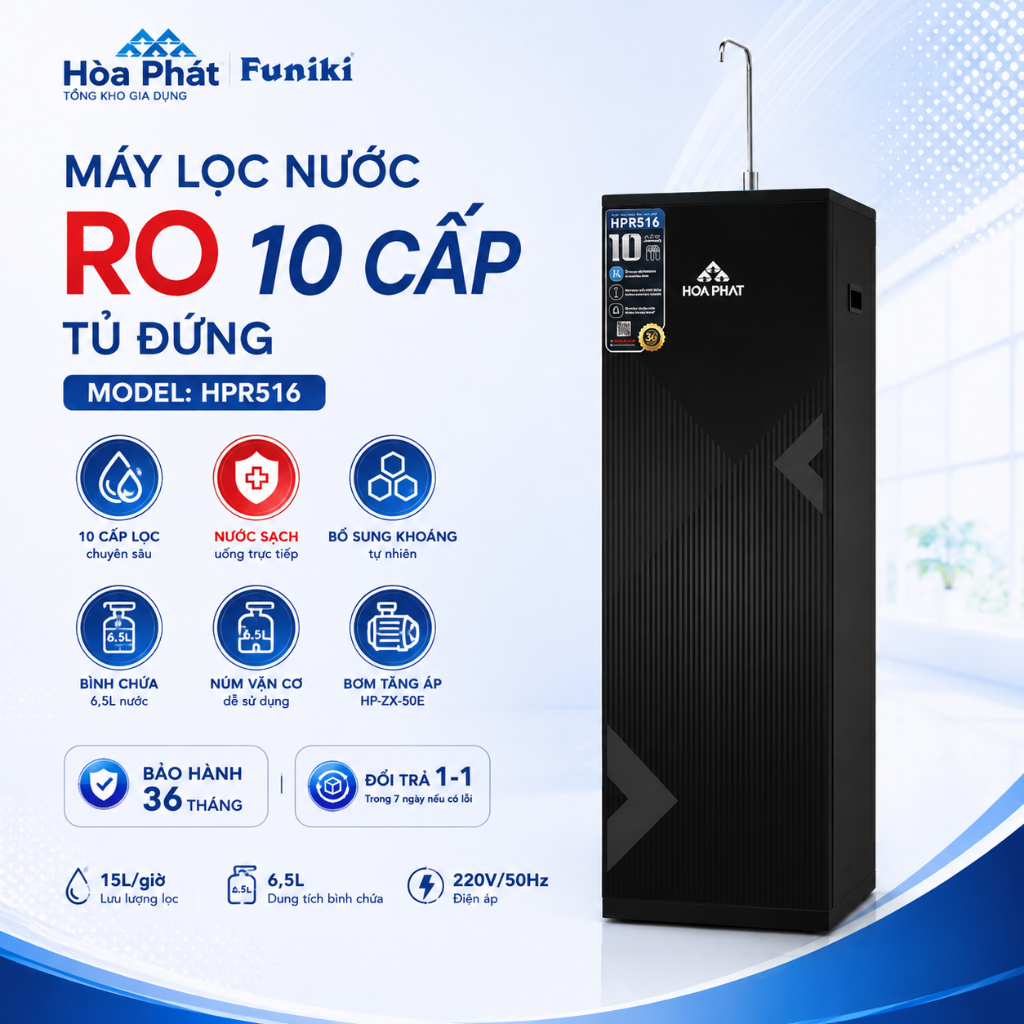 Máy Lọc Nước RO Tủ Đứng Hòa Phát HPR516 10 Cấp Lọc Bình Chứa 6.5L Chính Hãng