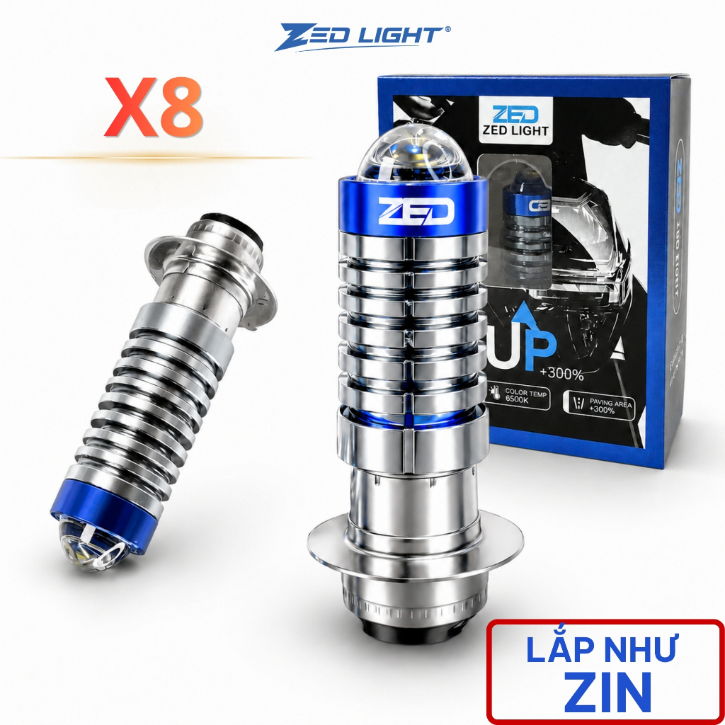 Đèn Pha Bi Cầu X8 ZED LIGHT - Sáng Mạnh Chân M5 Lắp Dream, Wave Nhỏ,Fu1 Fu2,Sirius,...- Bảo Hành 2 N