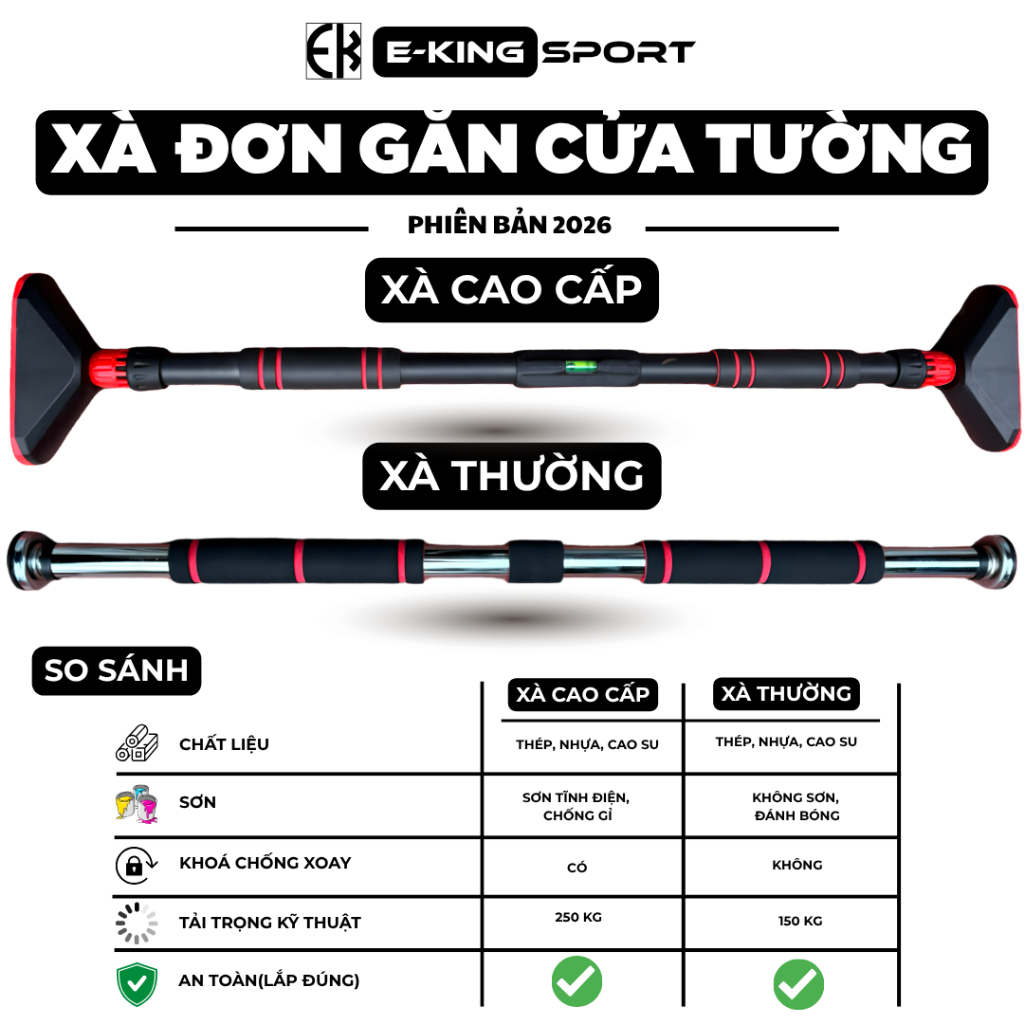 Xà đơn treo tường EKINGSPORT gắn cửa cao cấp điều chỉnh độ dài xà đơn mút cửa…