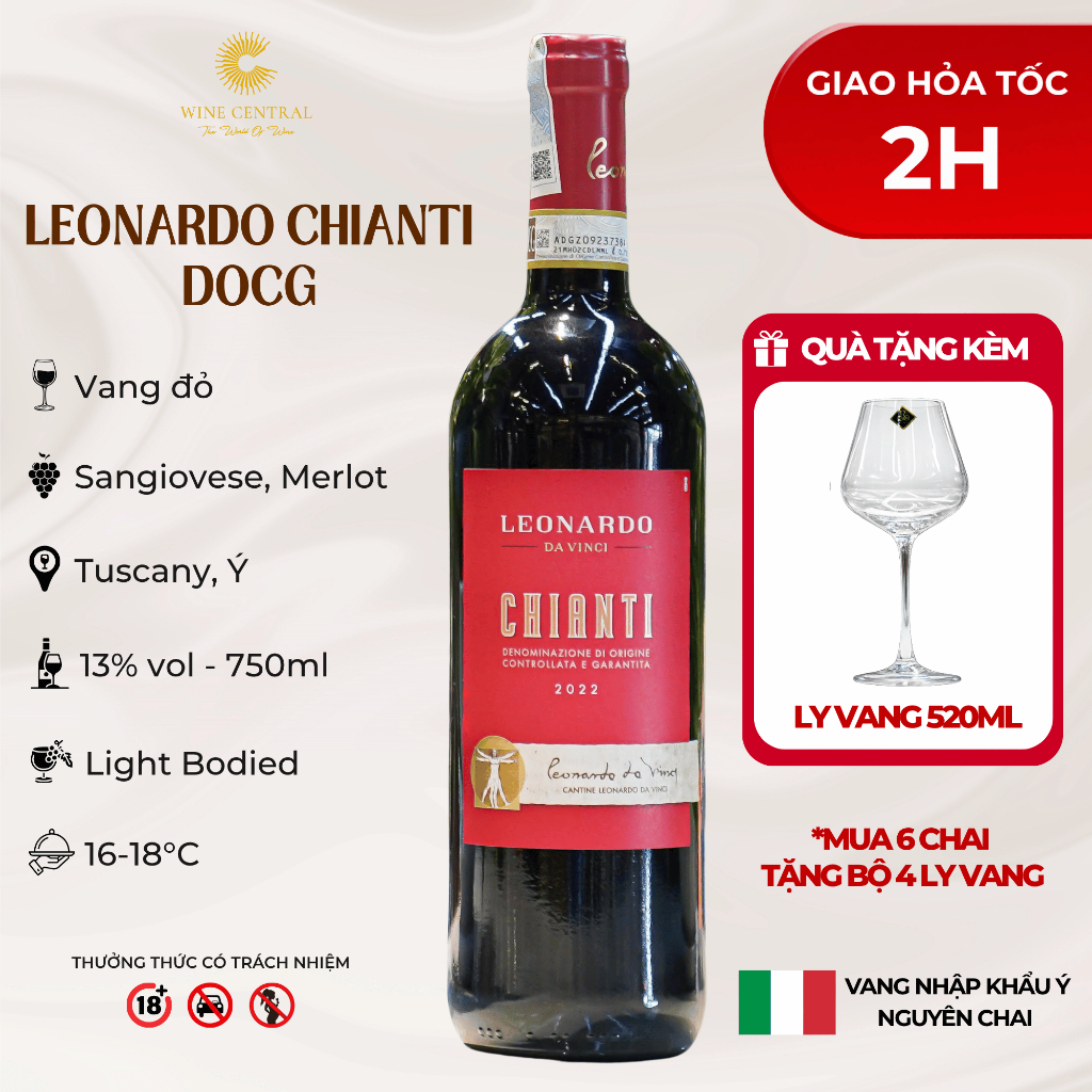 [Chính Hãng] - Rượu Vang Đỏ Ý Leonardo Chianti 750ml (13%) - Vang Nhập Khẩu WINE CENTRAL