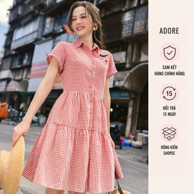 [ ADORE ] Đầm karo đỏ nối tầng đính charm  611DR1054