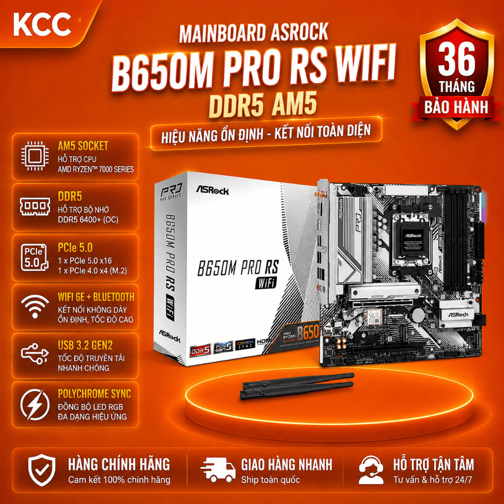 Mainboard ASRock B650M Pro RS WiFi DDR5 AM5 | WiFi 6E, LAN 2.5G, M.2 PCIe Gen5, DDR5 7200+ OC | BH 3