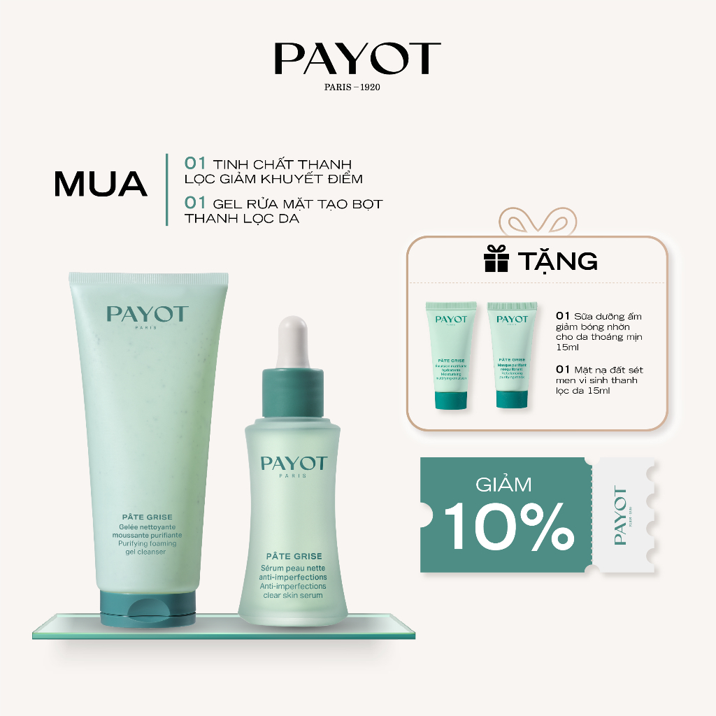 Combo TINH CHẤT THANH LỌC GIẢM KHUYẾT ĐIỂM PAYOT & GEL RỬA MẶT TẠO BỌT THANH LỌC LÀN DA PAYOT