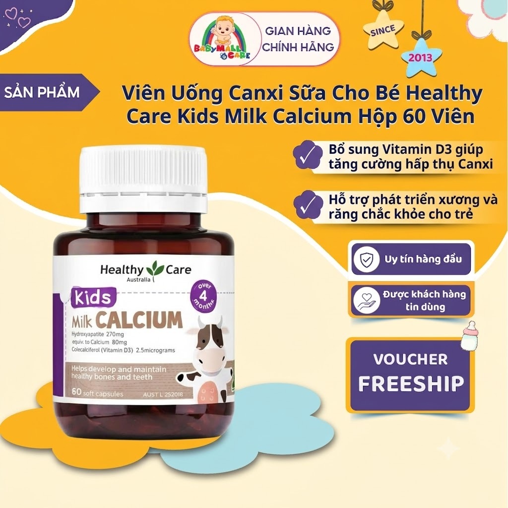 Viên Uống Canxi Sữa Bổ Sung D3 Cho Bé Healthy Care Kids Milk Calcium Hộp 60 Viên | Babymall & Care