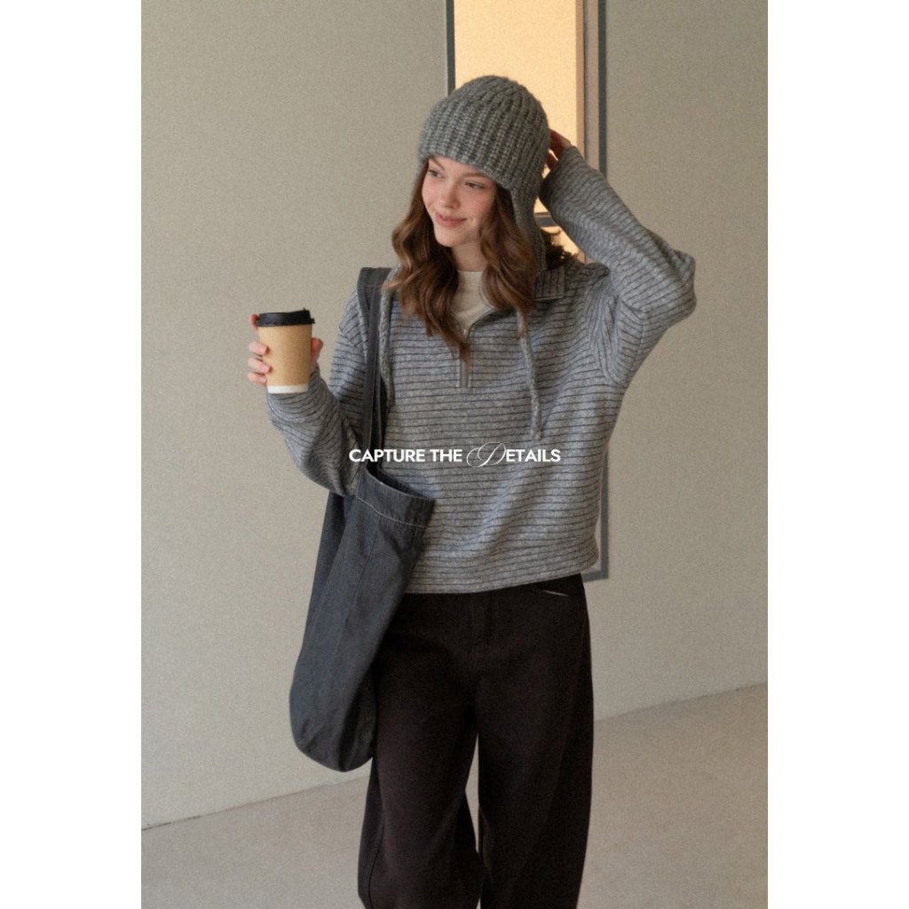 [HÀNG CHÍNH HÃNG] EGGKA Áo khoác nỉ dáng rộng EGGKA kẻ sọc bằng len cashmere - Áo thun mùa đông phon