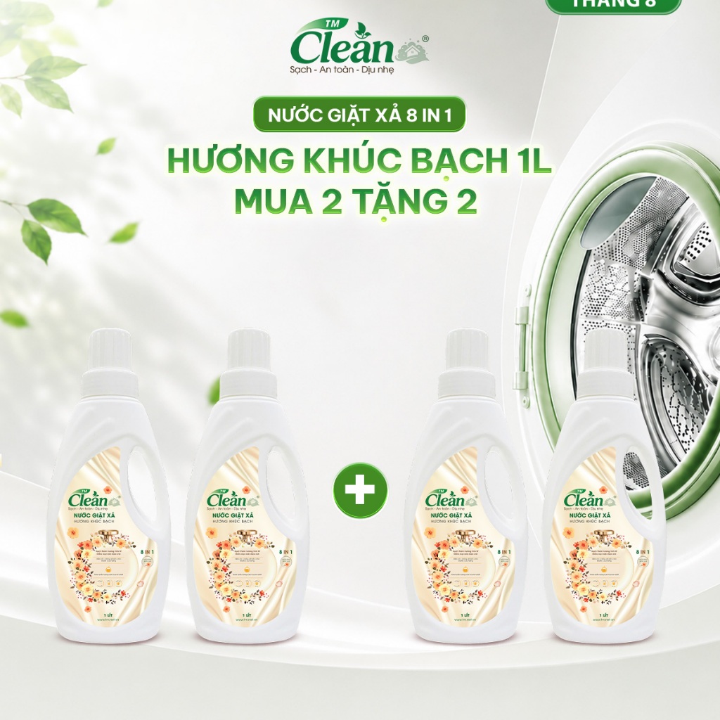 [ Mua 2 tặng 2] Combo 4 Nước Giặt Xả TM CLEAN Hương Khúc Bạch 8in1 Giặt Sạch, Xả Mềm, Tiện Lợi Chai 